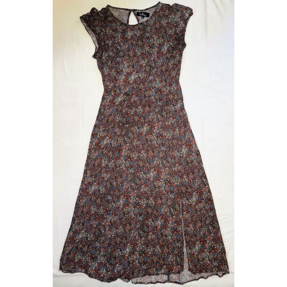 Lulus Garden's Delight Black Floral Print Cutout Midi Dress Large Slit Detail